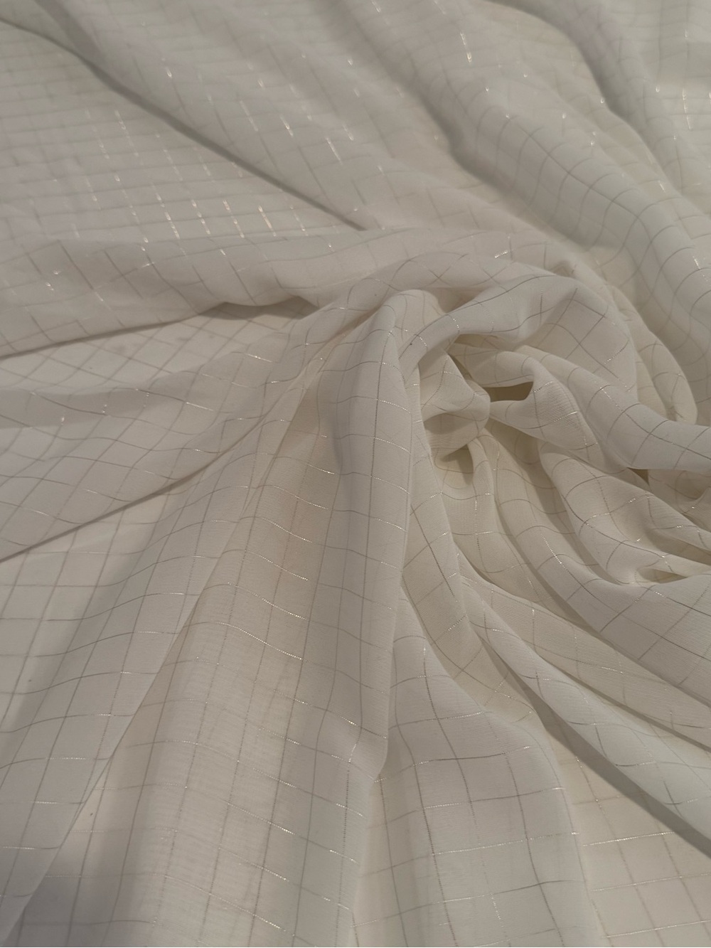 Elegant White Silver Grid Chiffon Sheer Fashion Fabric